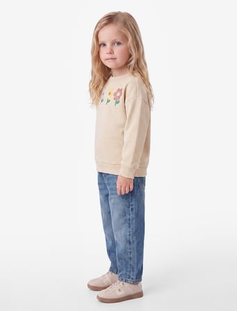 Çiçek Nakışlı Uzun Kollu Bisiklet Yaka Şardonlu Sweatshirt