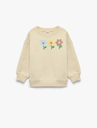 Çiçek Nakışlı Uzun Kollu Bisiklet Yaka Şardonlu Sweatshirt