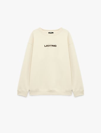 Uzun Kollu Bisiklet Yaka Şardonlu Rahat Kalıp Baskılı Sweatshirt