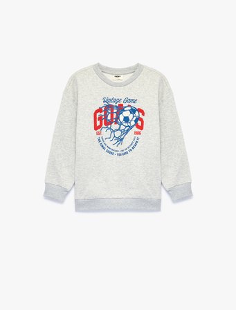 Şardonlu Uzun Kollu Bisiklet Yaka Baskılı Sweatshirt