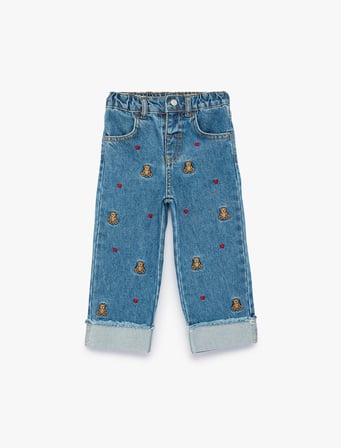 Ayıcık ve Kalp Nakışlı Bol Kesim Pamuklu Geniş Paça Jean Pantolon