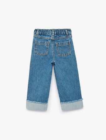 Ayıcık ve Kalp Nakışlı Bol Kesim Pamuklu Geniş Paça Jean Pantolon