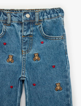 Ayıcık ve Kalp Nakışlı Bol Kesim Pamuklu Geniş Paça Jean Pantolon