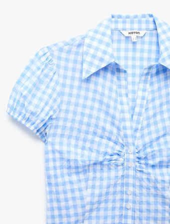 Slim Fit Pamuklu Büzgü Detaylı Kısa Balon Kollu Kaçık Yaka Pötikareli Gömlek