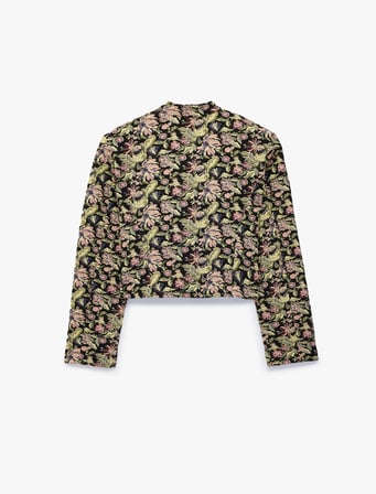 Uzun Kollu Fermuarlı Dik Mandarin Yaka Çiçekli Napolyon Ceket Süs Düğmeli