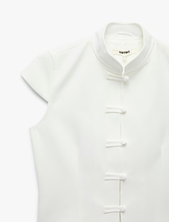 Slim Fit Kap Kol Süslü Düğmeli Dik Mandarin Yaka Gömlek Napolyon Kapama Detaylı