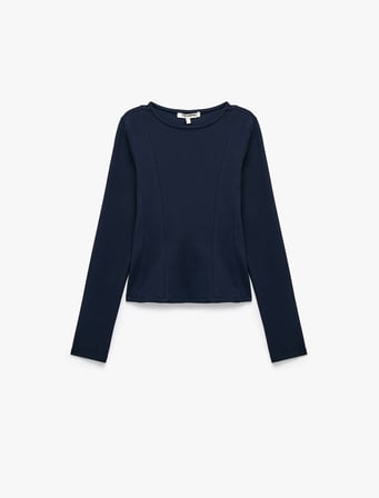 Pamuklu Slim Fit Korse Detaylı Kayık Yaka Uzun Kollu Tişört