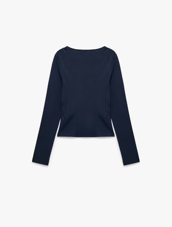 Pamuklu Slim Fit Korse Detaylı Kayık Yaka Uzun Kollu Tişört