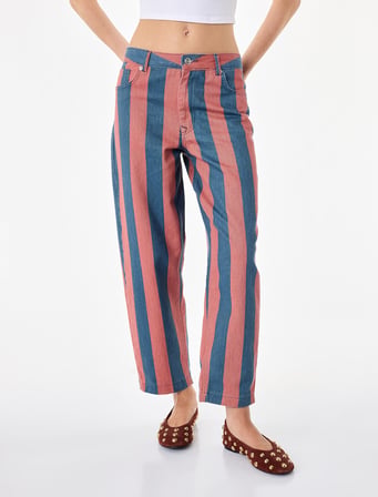 Normal Bel Pamuklu Düz Paça Tapered Fit Çizgili Denim Pantolon - Tapered Jeans