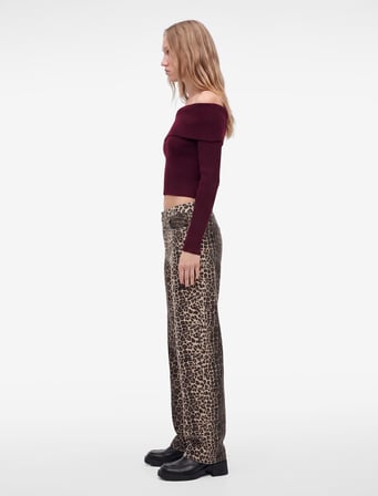 Fermuar Cepli Düğmeli Normal Bel Düz Paça Leopar Pantolon