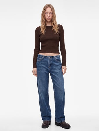 Pamuklu Fermuarlı Düşük Bel Düğmeli Baggy Denim Pantolon - Baggy Jeans