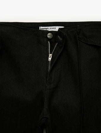 Normal Bel Fermuarlı Cepli Bol Kalıp Denim Pantolon - Loose Straight Fit Jean