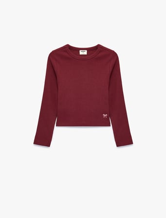 Nakış Detaylı Slim Fit Pamuklu Kaşkorse Bisiklet Yaka Uzun Kollu Tişört