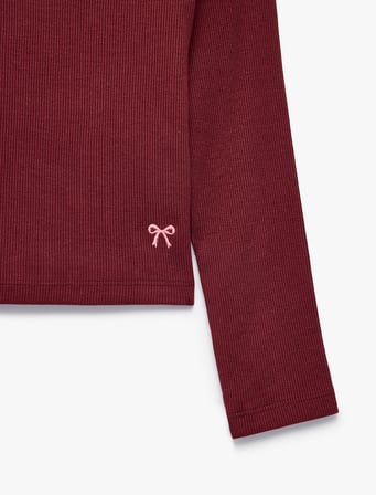 Nakış Detaylı Slim Fit Pamuklu Kaşkorse Bisiklet Yaka Uzun Kollu Tişört