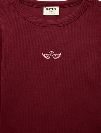 Kanat Nakış Detaylı Slim Fit Pamuklu Kaşkorse Bisiklet Yaka Uzun Kollu Tişört