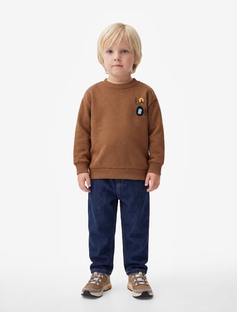 Hayvan Detaylı Arkası Baskılı Şardonlu Bisiklet Yaka Uzun Kollu Sweatshirt