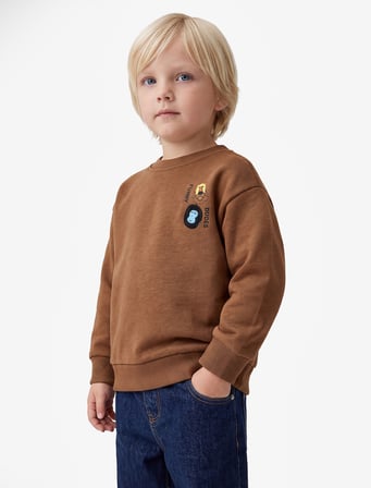 Hayvan Detaylı Arkası Baskılı Şardonlu Bisiklet Yaka Uzun Kollu Sweatshirt
