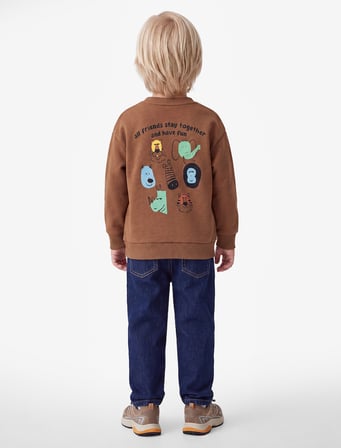 Hayvan Detaylı Arkası Baskılı Şardonlu Bisiklet Yaka Uzun Kollu Sweatshirt