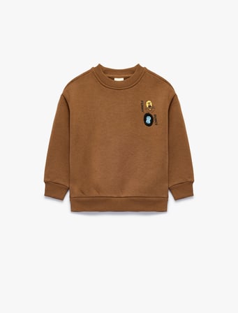 Hayvan Detaylı Arkası Baskılı Şardonlu Bisiklet Yaka Uzun Kollu Sweatshirt