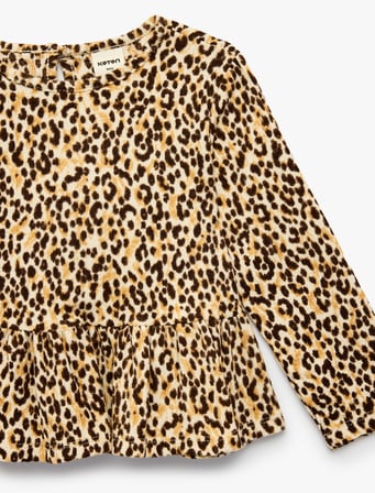 Leopar Desenli Fırfır Detaylı Bisiklet Yaka Uzun Kollu Tişört