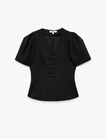 Slim Fit V Yaka Balon Kollu Süs Düğme Detaylı Peplum Bluz