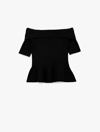 Viskon Omzu Açık Kısa Kollu Peplum Triko Kazak