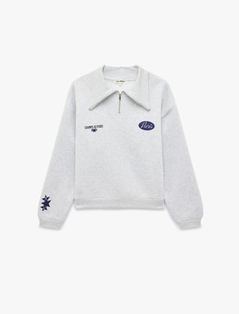 Üç İplik Şardonlu Rahat Kalıp Yarım Fermuarlı Uzun Kollu Baskılı Sweatshirt