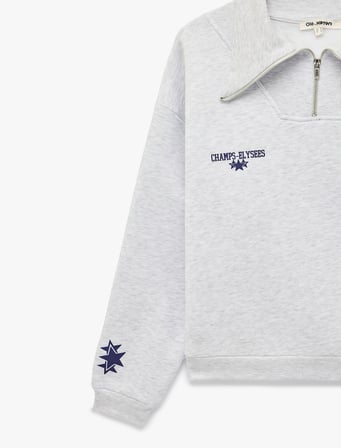 Üç İplik Şardonlu Rahat Kalıp Yarım Fermuarlı Uzun Kollu Baskılı Sweatshirt
