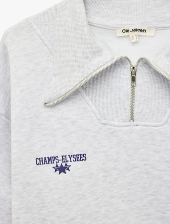 Üç İplik Şardonlu Rahat Kalıp Yarım Fermuarlı Uzun Kollu Baskılı Sweatshirt