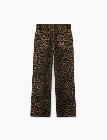 Pamuklu Düğmeli Cepli Taş Detaylı Düz Paça Leopar Pantolon - Longer Straight Jeans