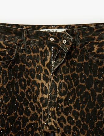 Pamuklu Düğmeli Cepli Taş Detaylı Düz Paça Leopar Pantolon - Longer Straight Jeans
