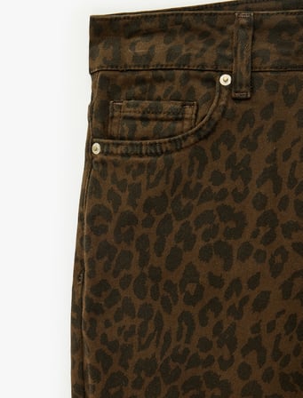 Yüksek Bel Dar Kesim Pamuklu İspanyol Paça Leopar Desenli Pantolon - Flare Jeans