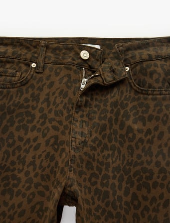 Yüksek Bel Dar Kesim Pamuklu İspanyol Paça Leopar Desenli Pantolon - Flare Jeans
