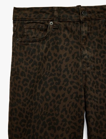 Normal Bel Pamuklu Dar Kesim Kısa İspanyol Paça Leopar Pantolon - Flare Jeans