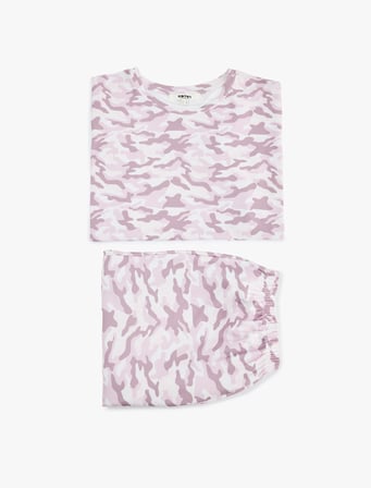 Kamuflaj Desenli Rahat Kesim Bisiklet Yaka Kısa Kollu Pijama Takımı