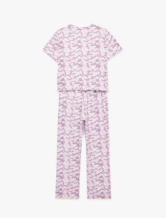 Kamuflaj Desenli Rahat Kesim Bisiklet Yaka Kısa Kollu Pijama Takımı