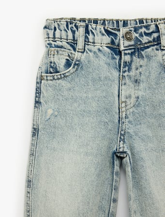 Bol Kesim Cepli Yıpratma Detaylı Pamuklu Barrel Jean Pantolon