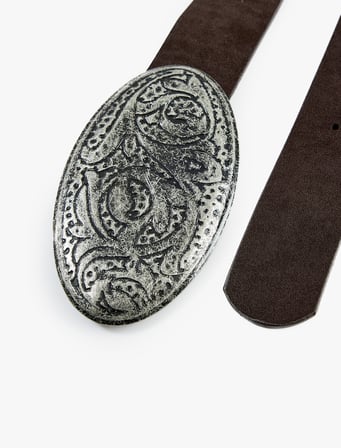 Kabartmalı Desenli Oval Toka Detaylı Suni Deri Kemer