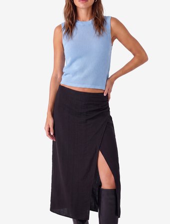 Slim Fit Viskon Kruvaze Yırtmaç Detaylı Midi Etek