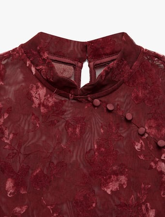 Slim Fit Uzun Kollu Transparan Çiçekli Düğmeli Qipao Tül Tişört