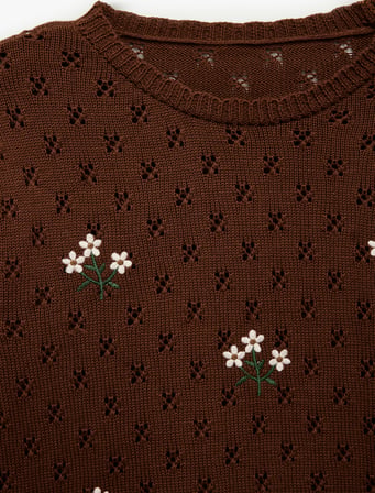 Bisiklet Yaka Uzun Kollu Çiçek Nakışlı Triko Kazak
