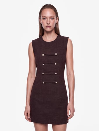 Slim Fit Kolsuz Bisiklet Yaka Süslü Düğmeli Napolyon Kapama Tüvit Mini Elbise