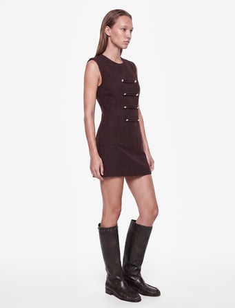 Slim Fit Kolsuz Bisiklet Yaka Süslü Düğmeli Napolyon Kapama Tüvit Mini Elbise