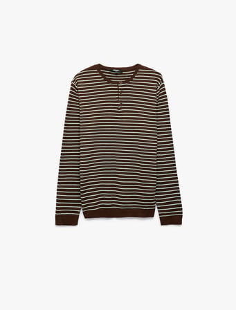 Regular Fit Uzun Kollu Çizgili Henley Yaka Triko Kazak