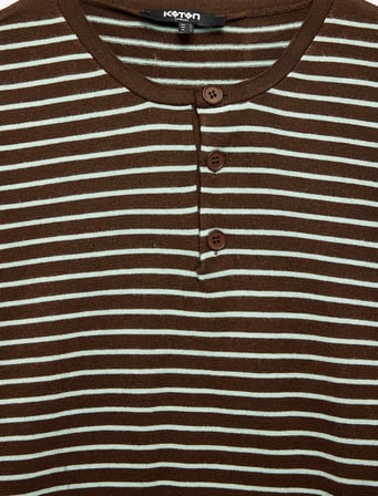 Regular Fit Uzun Kollu Çizgili Henley Yaka Triko Kazak