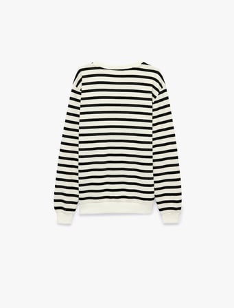 Uzun Kollu Üç İplik Şardonlu Bisiklet Yaka Çizgili Sweatshirt
