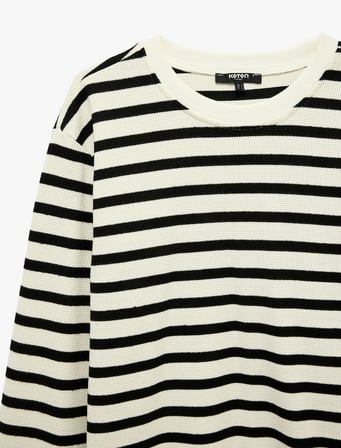 Uzun Kollu Üç İplik Şardonlu Bisiklet Yaka Çizgili Sweatshirt