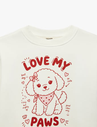 Bisiklet Yaka Uzun Kollu Köpek Baskılı Sweatshirt