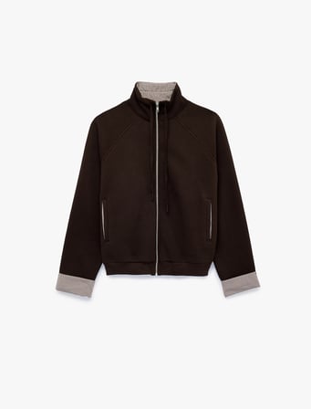 Şardonlu Ekose Detaylı Dik Yaka Fermuarlı Reglan Kollu Sweatshirt