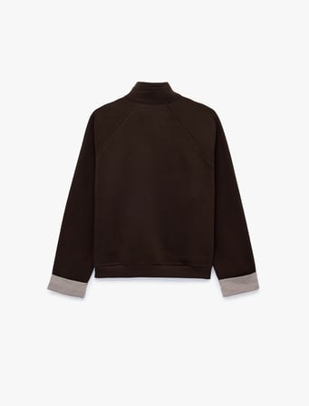 Şardonlu Ekose Detaylı Dik Yaka Fermuarlı Reglan Kollu Sweatshirt